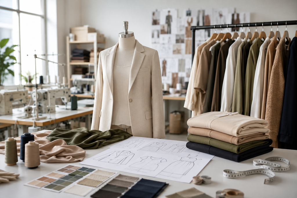 Garment design studio with clothing samples and tailoring workspace.